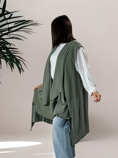 VICTOIRE -  LONG GILET KAKI EN COTON JUSQU'A LA TAILLE 60