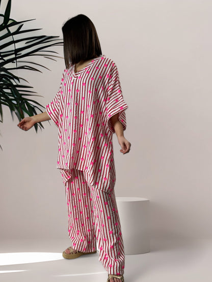 ANGY - PANTALON EN COTON RAYURE ROUGE JUSQU'A LA TAILLE 48/50