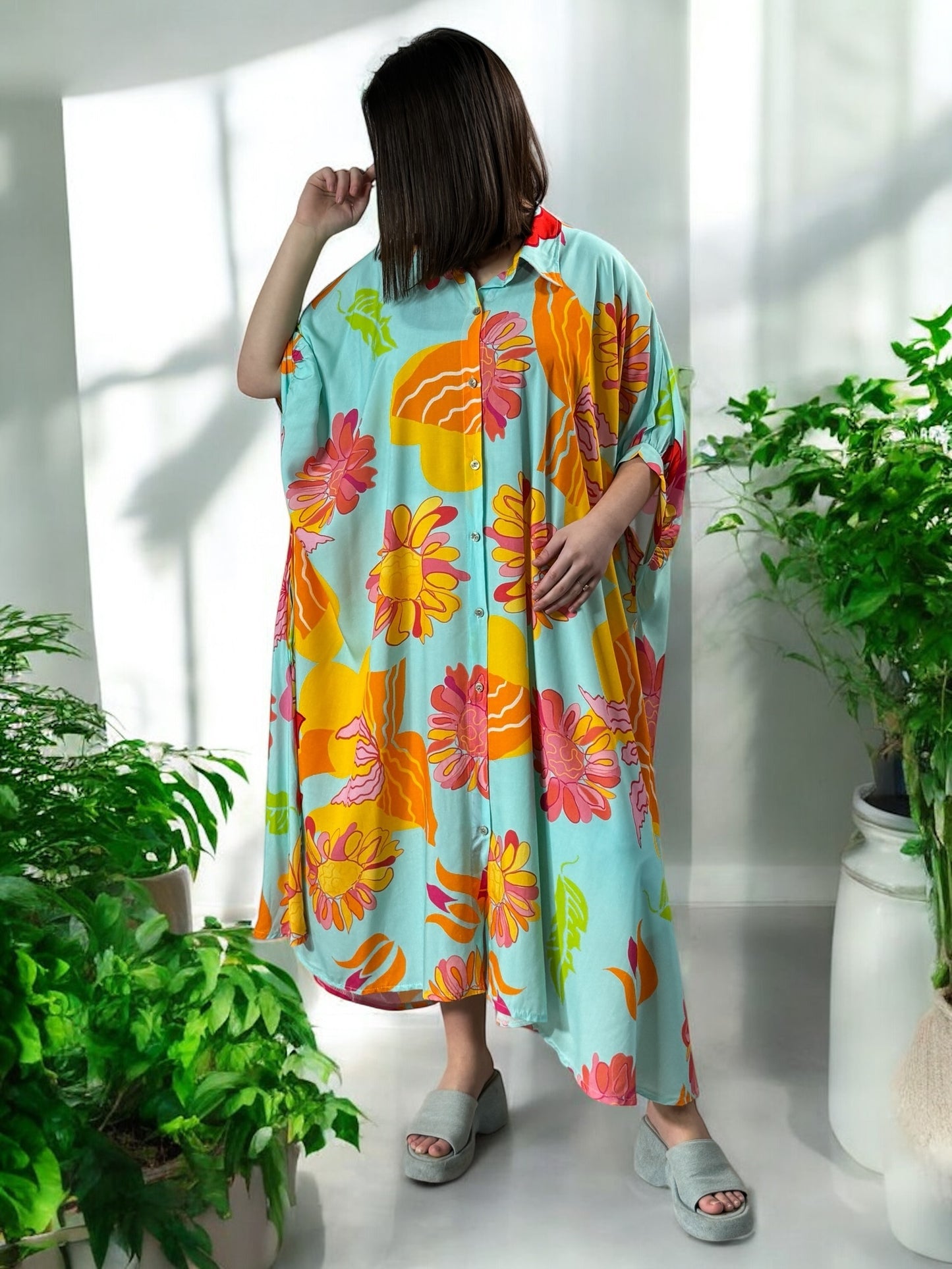 MADDY - ROBE LONGUE FLUIDE OVERSIZE LAGON A MOTIF JUSQU'A LA TAILLE 60