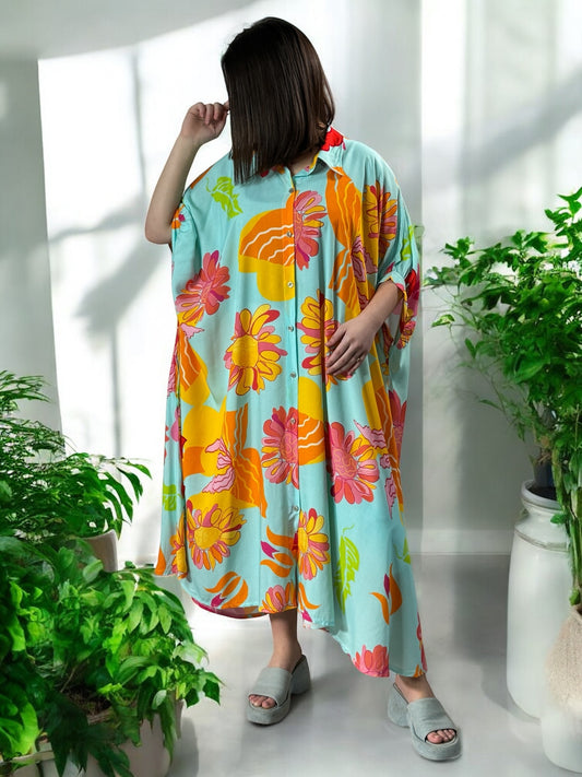 MADDY - ROBE LONGUE FLUIDE OVERSIZE LAGON A MOTIF JUSQU'A LA TAILLE 60