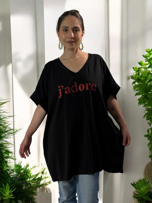 NINO - T-SHIRT NOIR MOTIF J'ADORE JUSQU'A LA TAILLE 58