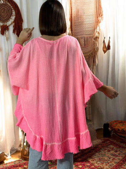 VICTOIRE - TUNIQUE OVERSIZE FUCHSIA EN GAZE DE COTON JUSQU'A LA TAILLE 52/54