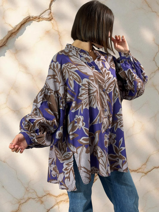 MARIKA - BLOUSE MOTIF VIOLET EN COTON OVERSIZE JUSQU'A LA TAILLE 52/54