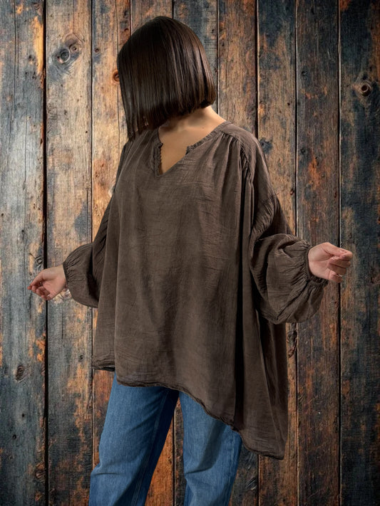 MARION - BLOUSE MARRON EN COTON OVERSIZE JUSQU'A LA TAILLE 56