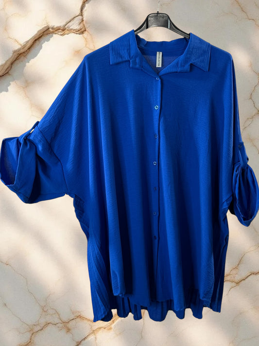 MORGANE - CHEMISE BLEUE OVERSIZE PLIS SOLEIL TAILLE 50 A 58/60