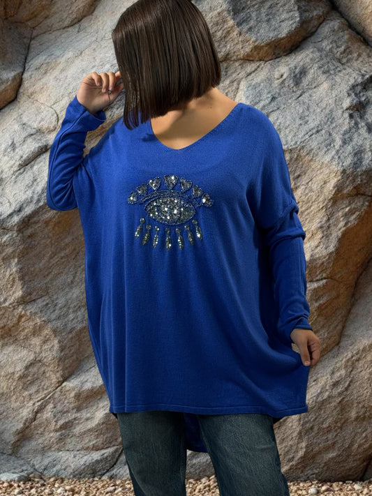 FREEDOM - PULL BLEU EN MAILLE FLUIDE OEIL EN SEQUINS JUSQU'A LA TAILLE 52