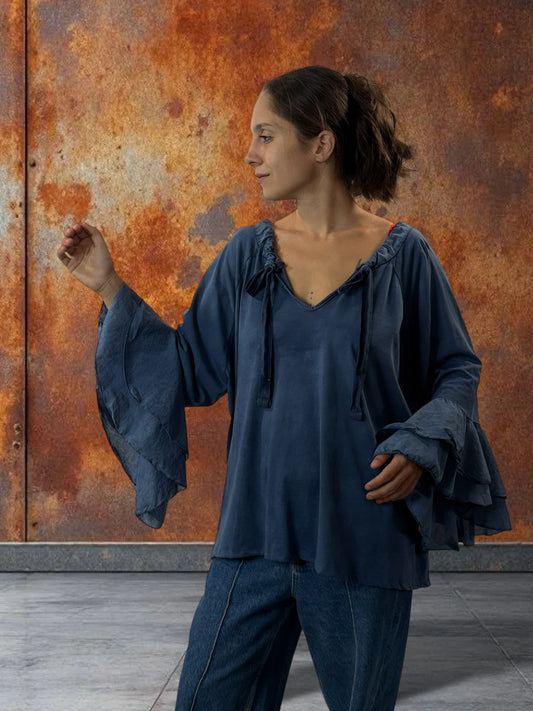 EMILIE - BLOUSE BLEUE EN COTON OVERSIZE JUSQU'A LA TAILLE 52