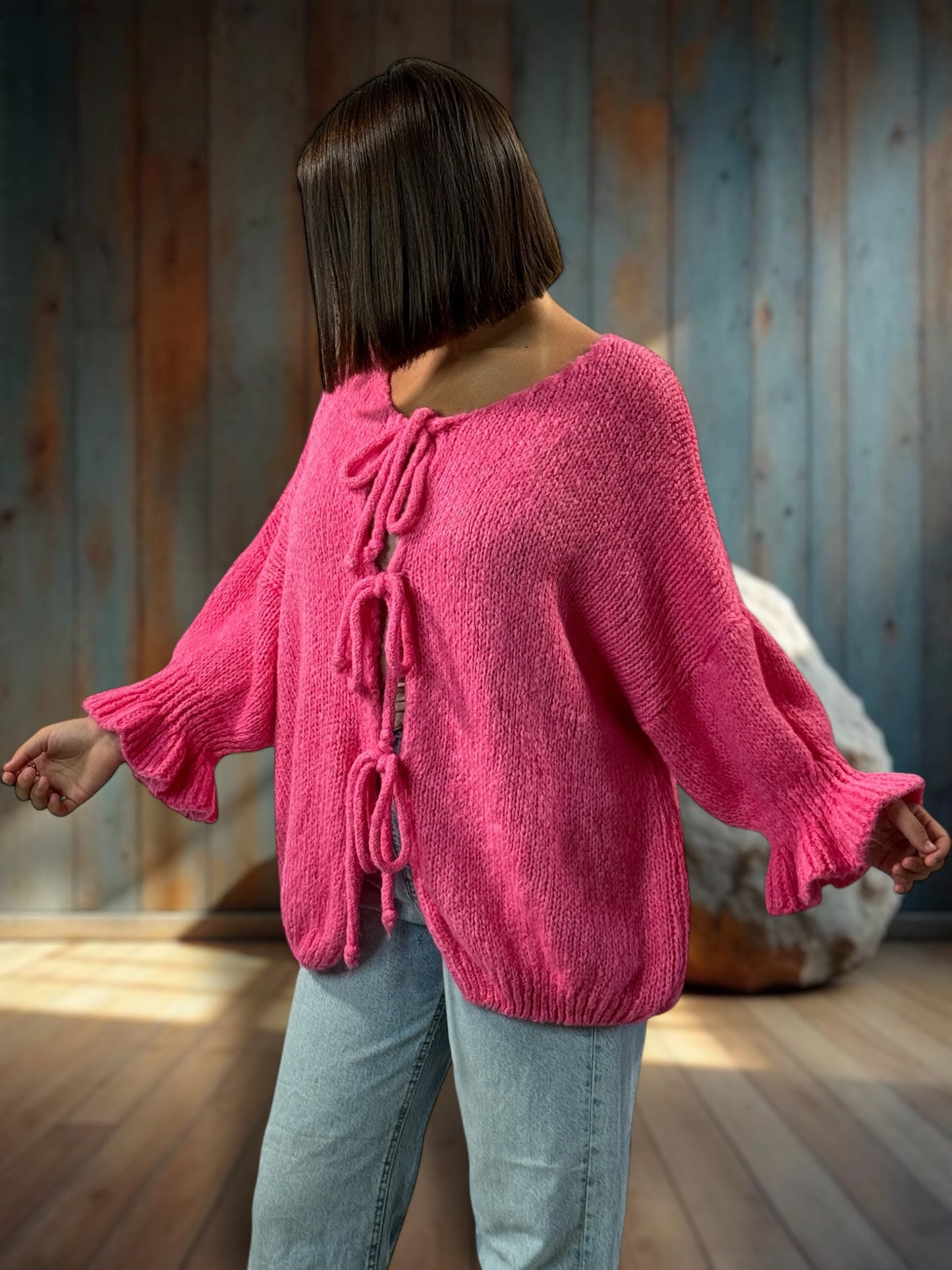 BERENGERE - GILET OVERSIZE ROSE AVEC NOEUDS JUSQU'A LA TAILLE 52/54