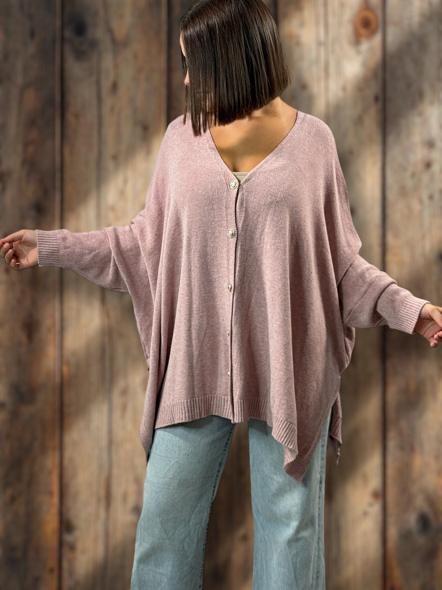 MATHILDE - GILET OVERSIZE ROSE JUSQU'A LA TAILLE 56/58