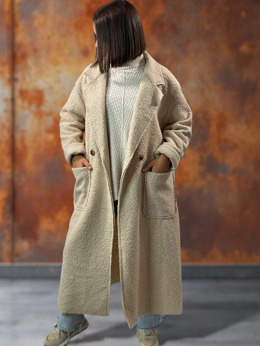 JULIEN - LONG MANTEAU BEIGE EN BOUCLETTE JUSQU'A LA TAILLE 50/52