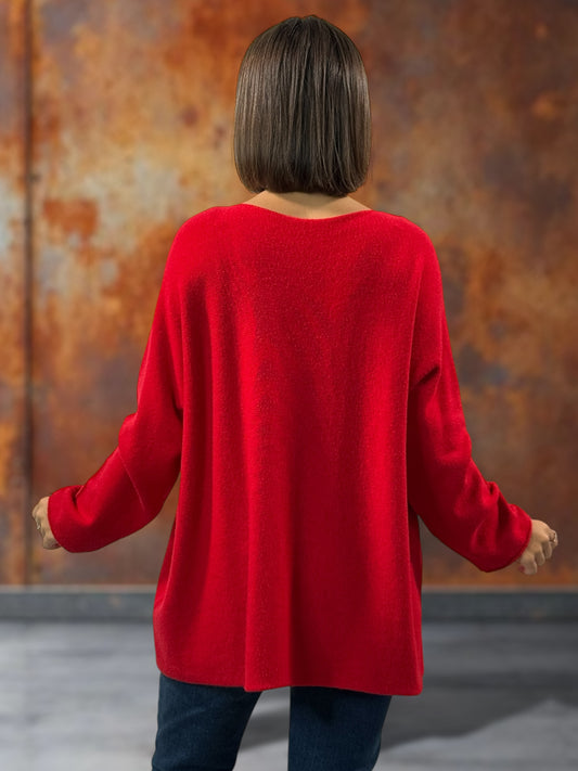 CELINE - PULL OVERSIZE ROUGE AVEC BOUTONS COEUR JUSQU'A LA TAILLE 52