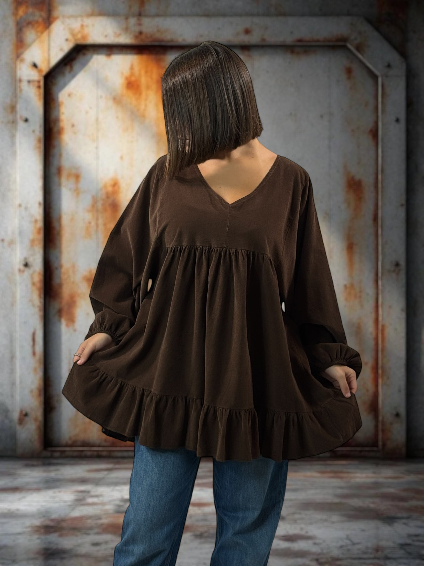 VICTORIA - TUNIQUE MARRON EN VELOURS MILLERAIES OVERSIZE JUSQU'A LA TAILLE 52