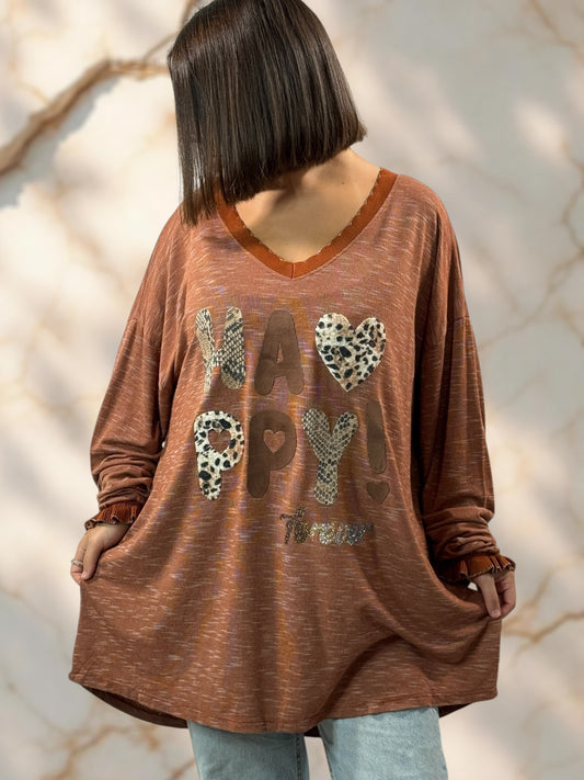 HELLO - PULL ROUX EN MAILLE LOGO HAPPY JUSQU'A LA TAILLE 54