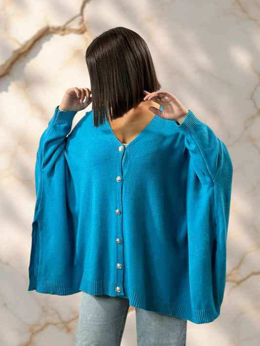 MATHILDE - GILET OVERSIZE BLEU LAGON JUSQU'A LA TAILLE 56/58