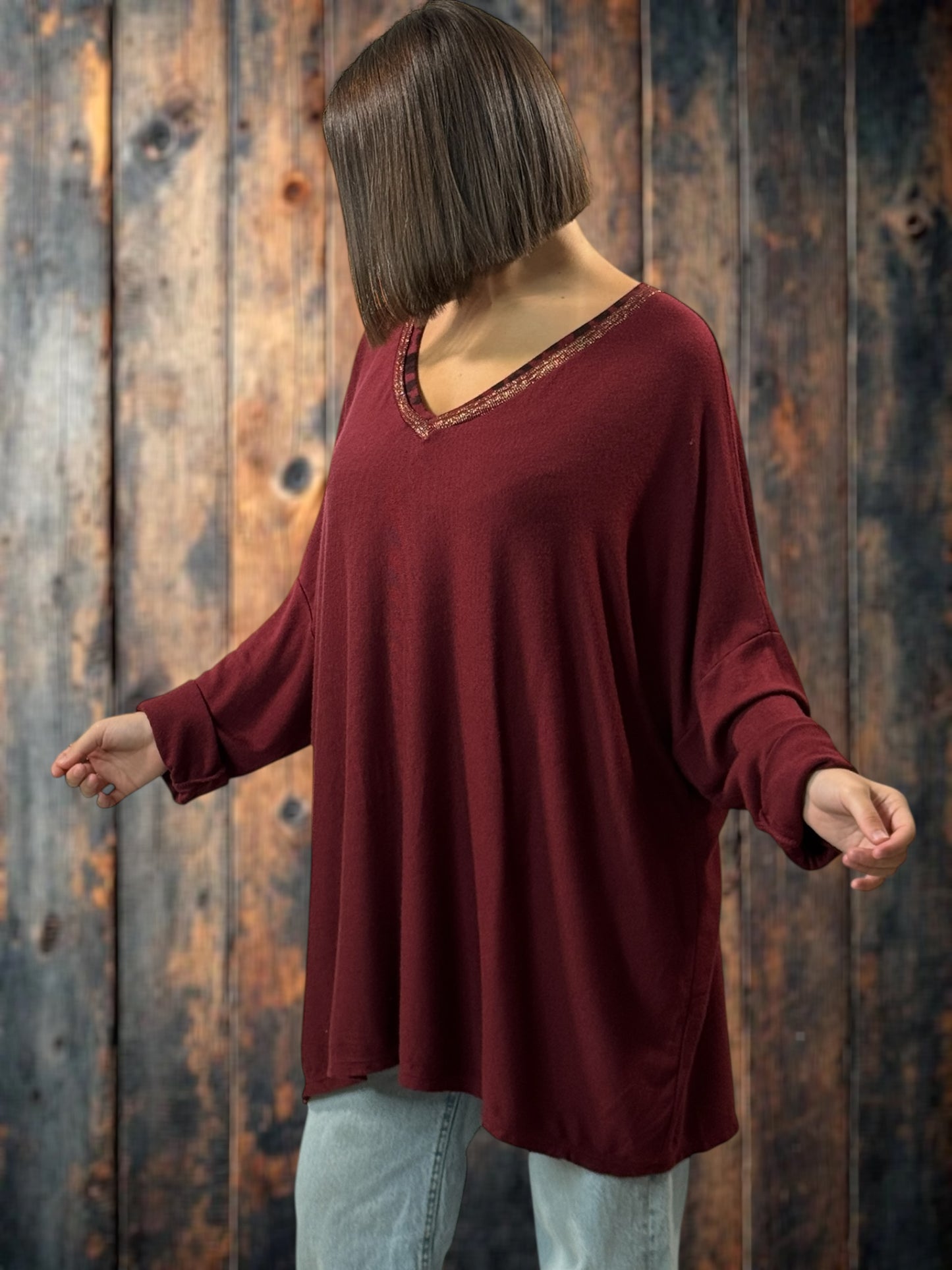 NINA - PULL BORDEAUX EN MAILLE ENCOLURE LISERE LEOPARD JUSQU'A LA TAILLE 56