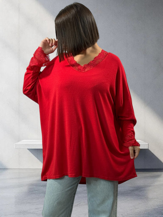 VALENTINA - PULL ROUGE EN MAILLE BORDE DE DENTELLE JUSQU'A LA TAILLE 54