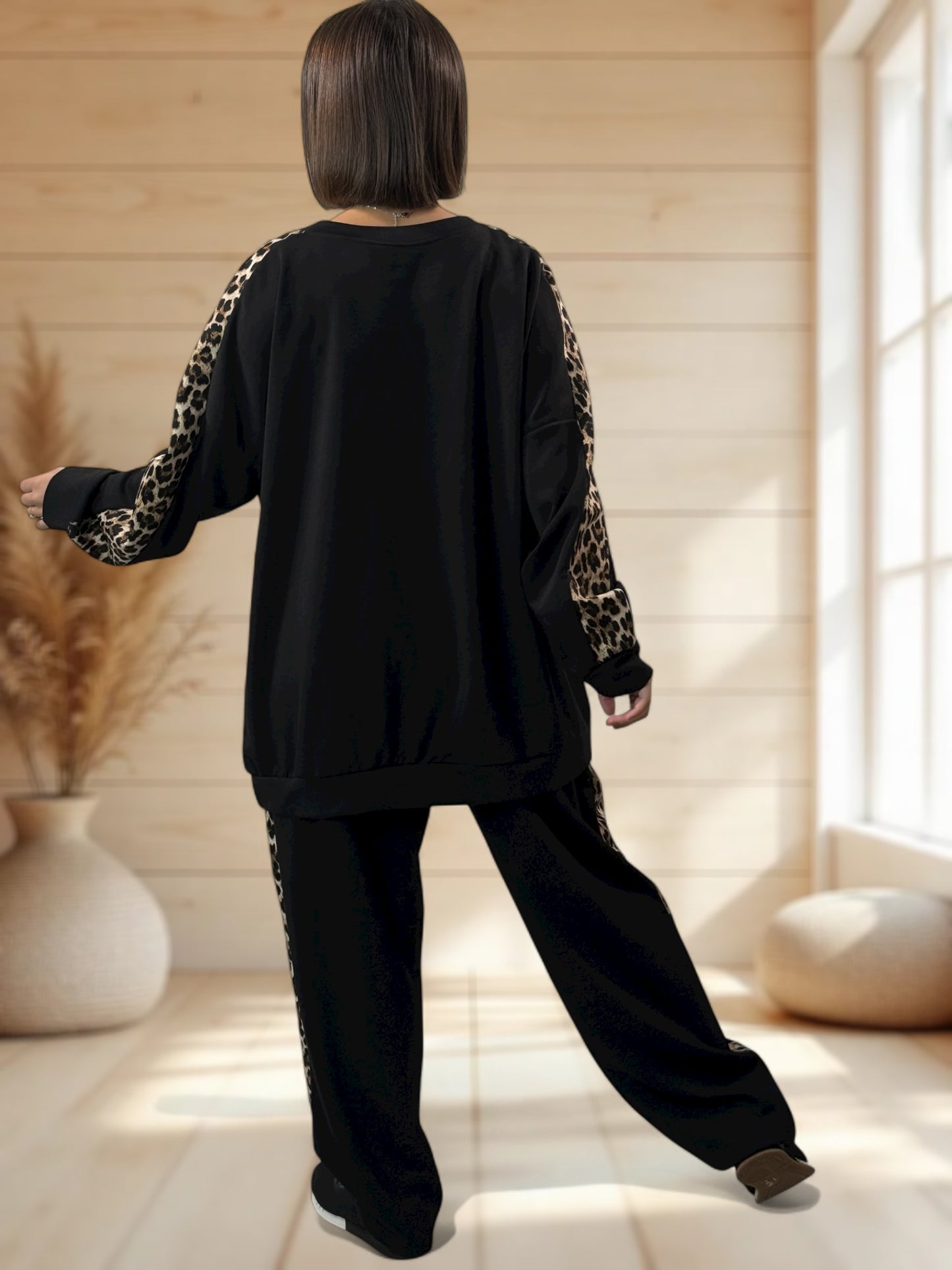 LEONARDO - ENSEMBLE NOIR BANDE LEOPARD JUSQU'A LA TAILLE 52/54