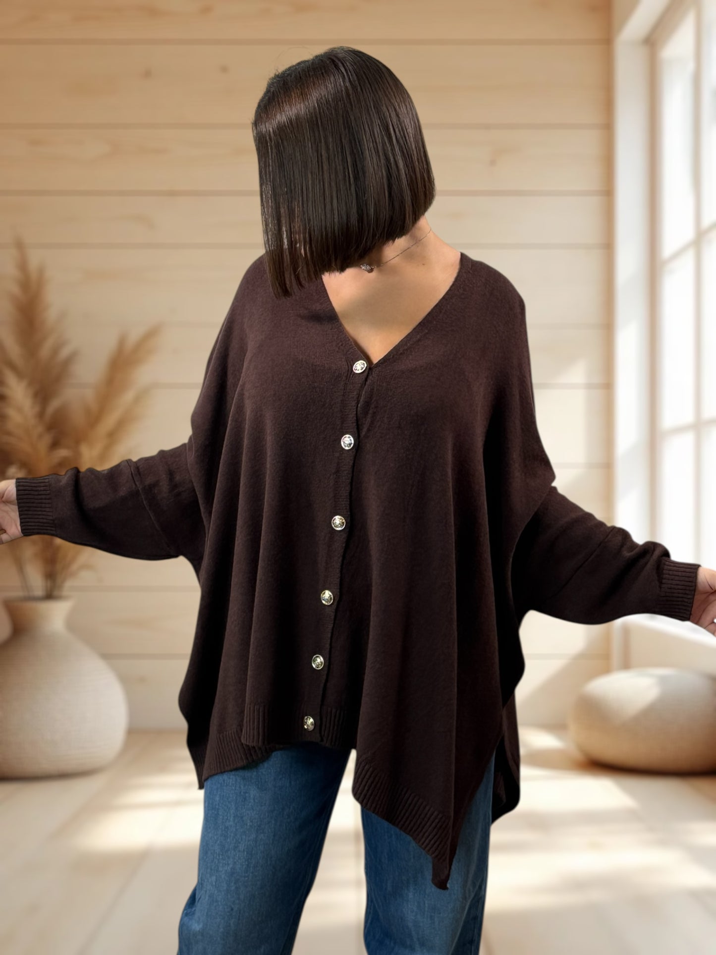 MATHILDE - GILET OVERSIZE MARRON JUSQU'A LA TAILLE 56/58