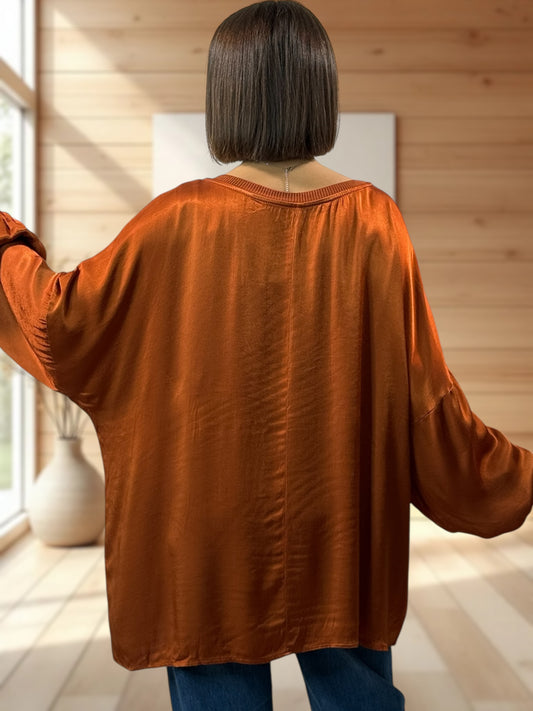 BARBARA - TUNIQUE ROUILLE OVERSIZE ASPECT SOIE JUSQU'A LA TAILLE 52