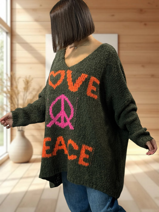 LUCKY - PULL KAKI OVERSIZE PEACE & LOVE JUSQU'A LA TAILLE 56/58