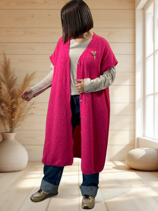 UGO - LONG GILET OVERSIZE FUCHSIA JUSQU'A LA TAILLE 56/58