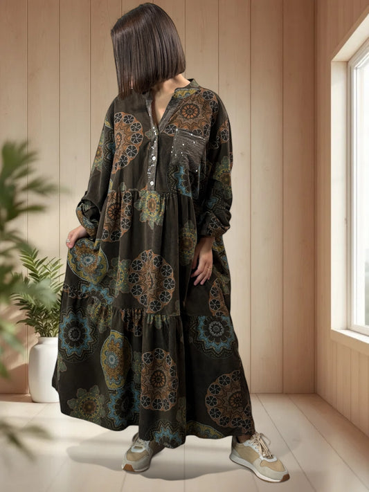 VANINA - ROBE MARRON A MOTIF EN VELOURS JUSQU'A LA TAILLE 52