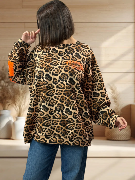 PARADISE - SWEAT OVERSIZE LEOPARD LOGO ORANGE JUSQU'A LA TAILLE 52