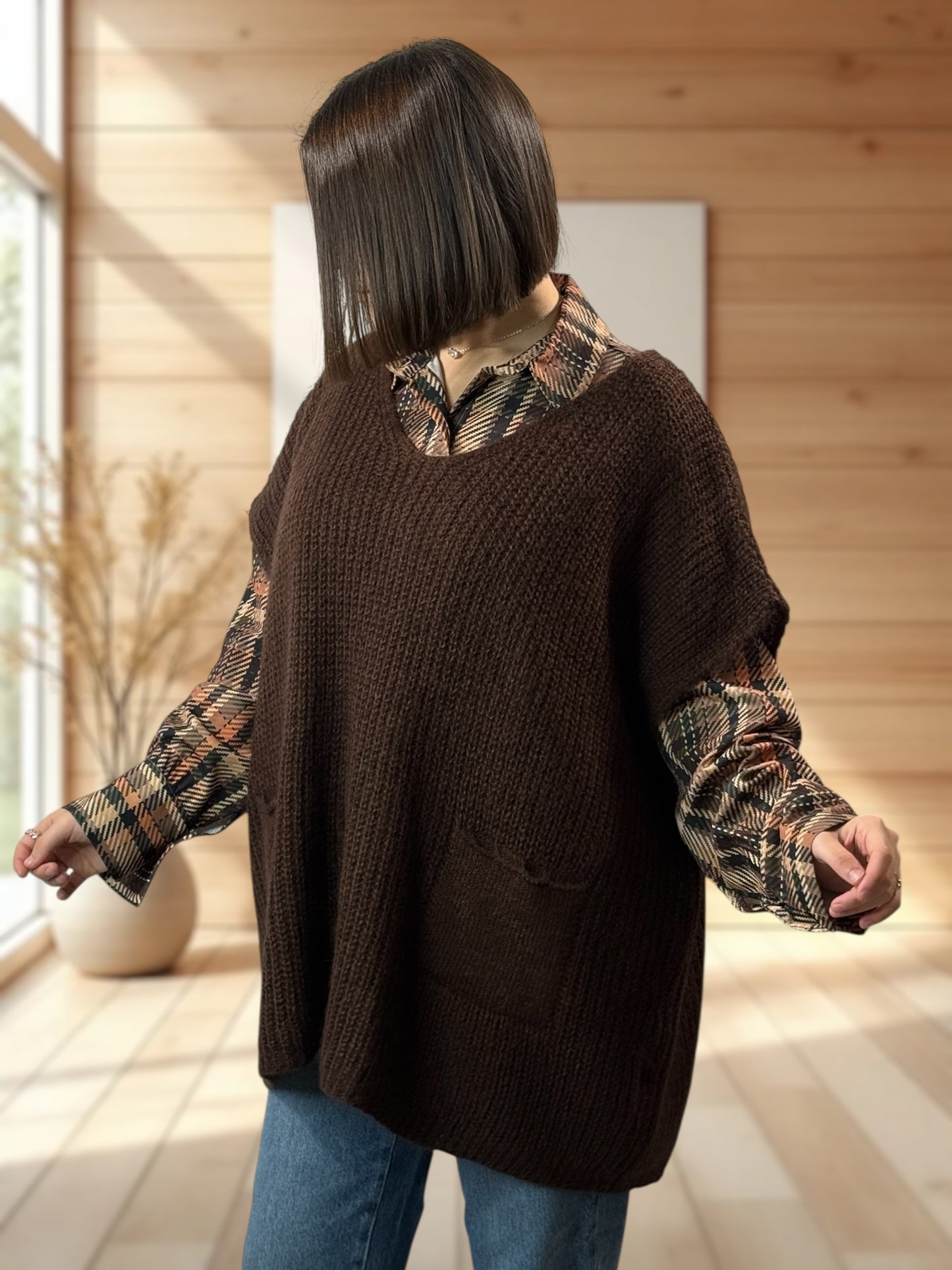 ENZO - PULL MARRON OVERSIZE JUSQU'A LA TAILLE 56