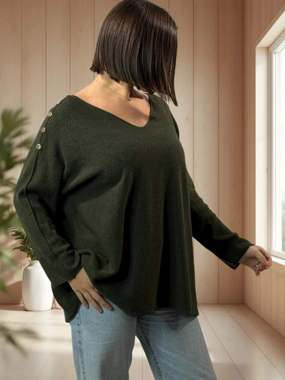 DONNA - PULL OVERSIZE KAKI AVEC BOUTONS DORES JUSQU'A LA TAILLE 52