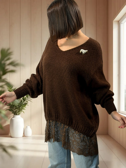MONIKA - PULL MARRON AVEC DENTELLE JUSQU'A LA TAILLE 48/50