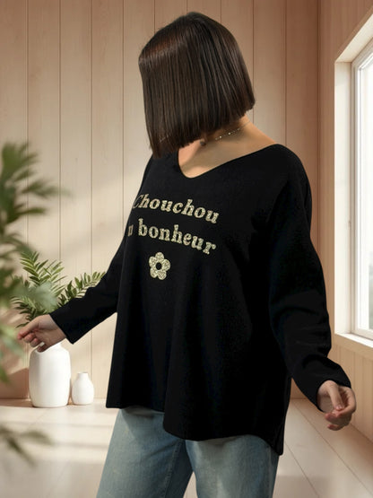 CHOUCHOU - PULL OVERSIZE NOIR JUSQU'A LA TAILLE 54