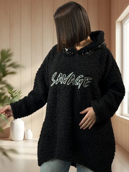 SAVAGE - PULL OVERSIZE NOIR CAPUCHE EN SEQUINS JUSQU'A LA TAILLE 56/58