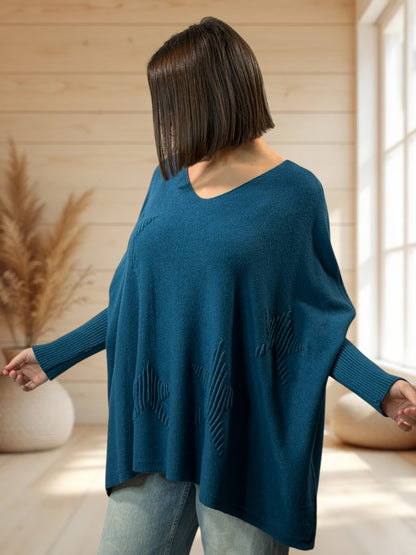 ZAZA - PULL OVERSIZE BLEU CANARD MOTIF ETOILE JUSQU'A LA TAILLE 56