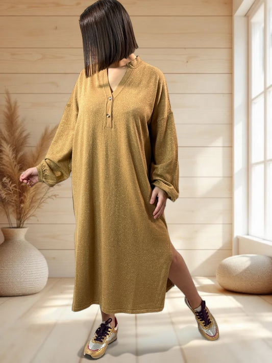 KATARINA - ROBE SCINTILLANTE EN MAILLE CAMEL OVERSIZE JUSQU'A LA TAILLE 52