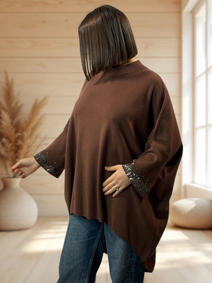 CORALINE - PULL OVERSIZE MARRON AVEC STRASS JUSQU'A LA TAILLE 56