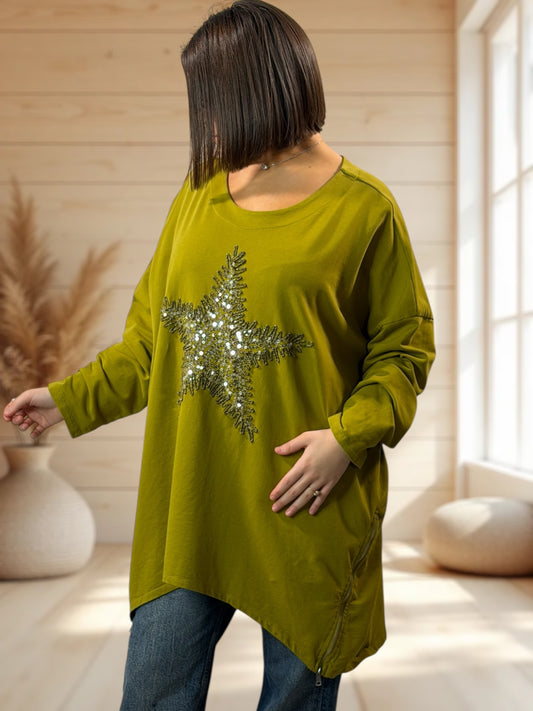 TONY - SWEAT OVERSIZE VERT ETOILE EN SEQUINS JUSQU'A LA TAILLE 56