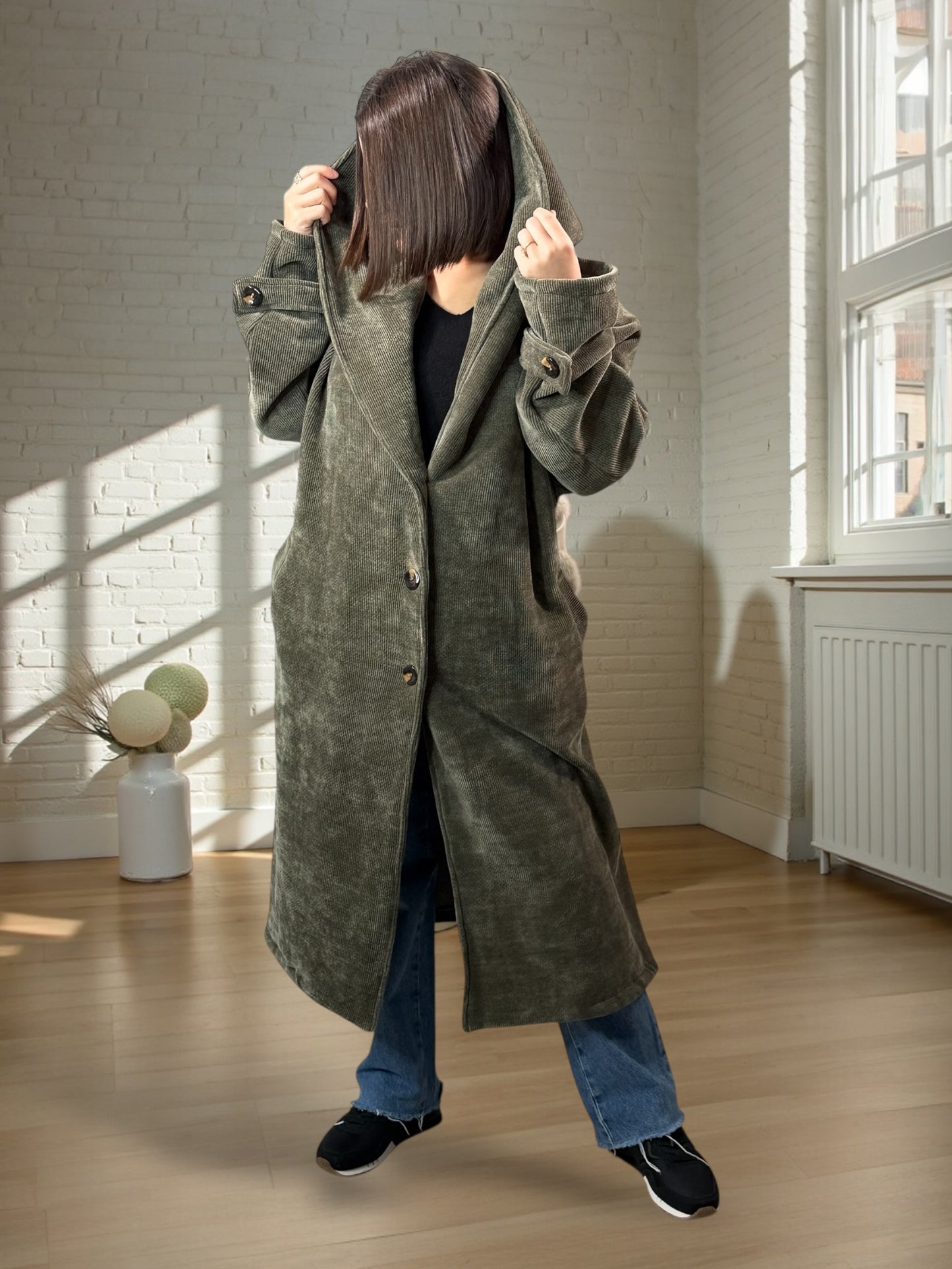 CARLOTA - MANTEAU OVERSIZE KAKI A CAPUCHE JUSQU'A LA TAILLE 56/58