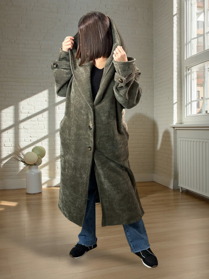 CARLOTA - MANTEAU OVERSIZE KAKI A CAPUCHE JUSQU'A LA TAILLE 56/58