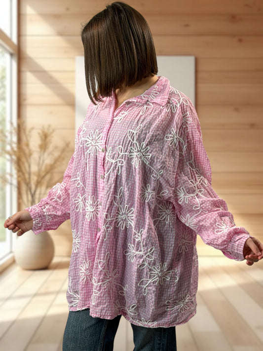 NINA - CHEMISE OVERSIZE VICHY ROSE JUSQU'A LA TAILLE 52