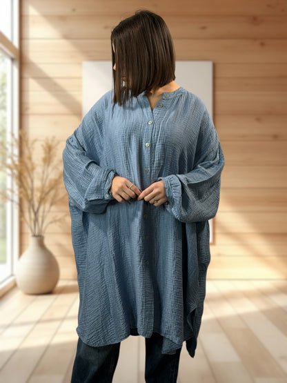 VERONICA - CHEMISE OVERSIZE BLEUE BRODERIE AU DOS JUSQU'A LA TAILLE 56
