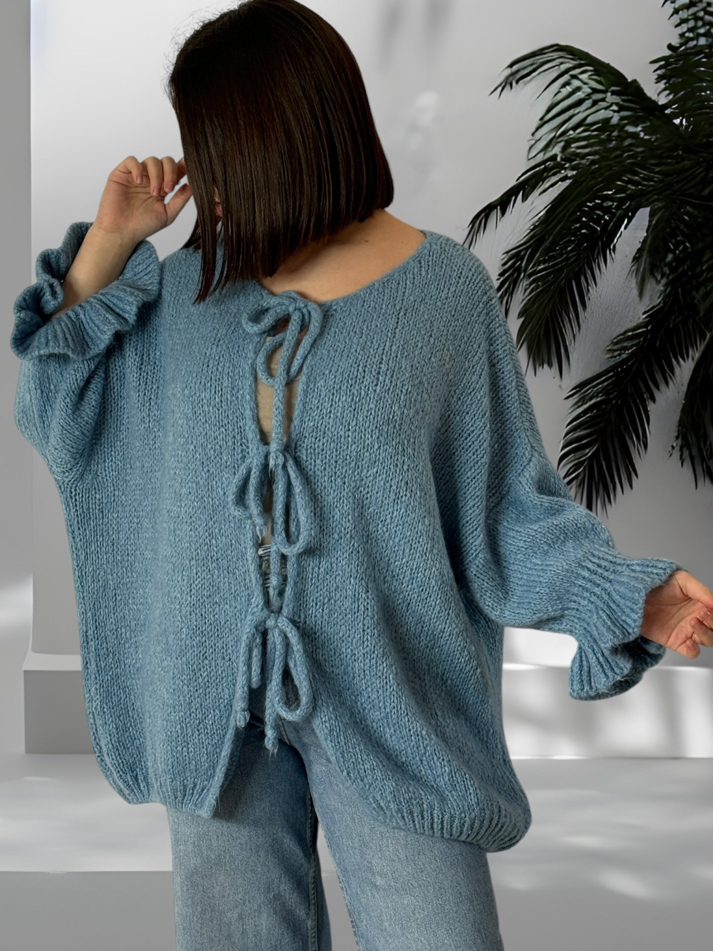 BERENGERE - GILET OVERSIZE BLEU AVEC NOEUDS JUSQU'A LA TAILLE 52/54