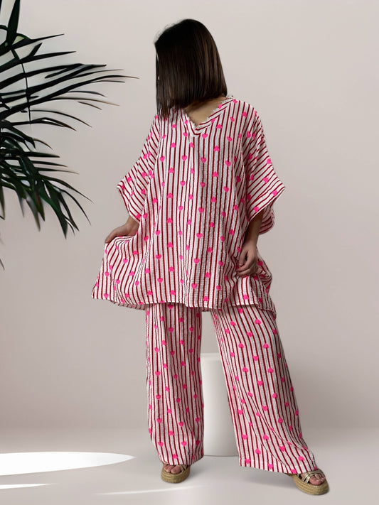 ERIKA - TUNIQUE OVERSIZE EN COTON RAYURE ROUGE JUSQU'A LA TAILLE 54