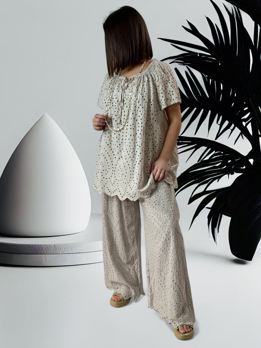 GIOVANI - PANTALON BEIGE EN BRODERIE ANGLAISE JUSQU'A LA TAILLE 50/52