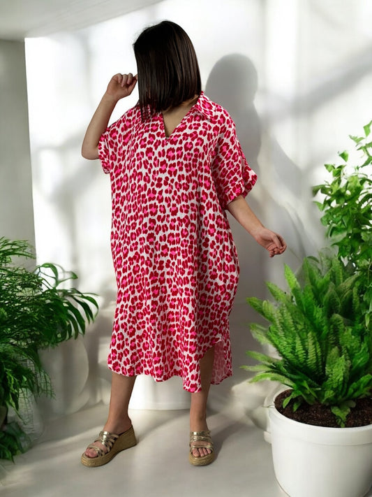 FELINE - ROBE OVERSIZE LEOPARD ROUGE JUSQU'A LA TAILLE 50