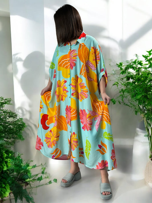 MADDY - ROBE LONGUE FLUIDE OVERSIZE LAGON A MOTIF JUSQU'A LA TAILLE 60