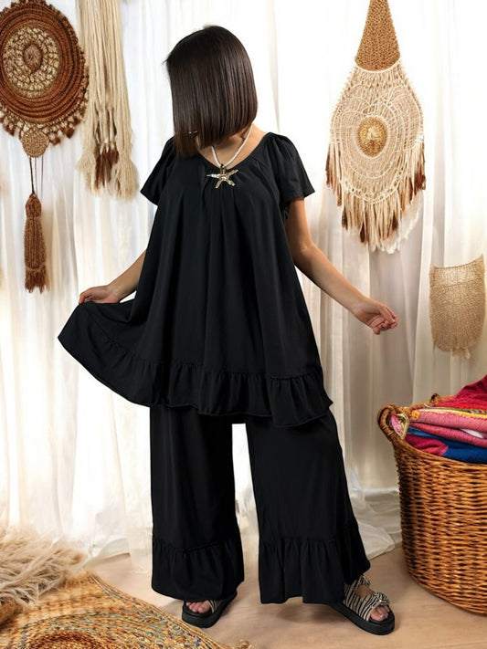 CANNES - ENSEMBLE TUNIQUE ET PANTALON  FLUIDE NOIR JUSQU'A LA TAILLE 52