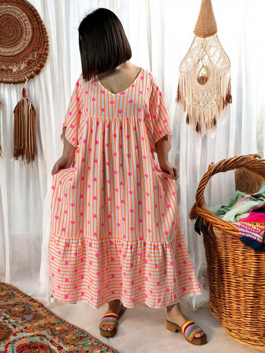 NATALIA - ROBE RAYURE ORANGE JUSQU'A LA TAILLE 56