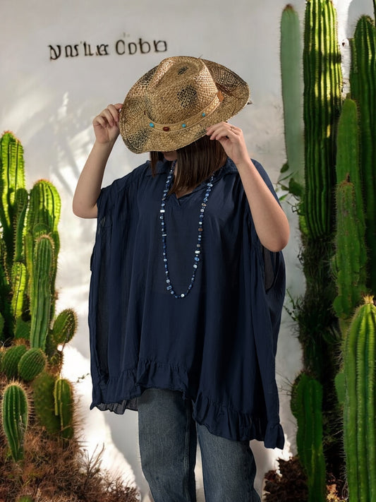 SERENA - BLOUSE MARINE OVERSIZE EN COTON JUSQU'A LA TAILLE 56