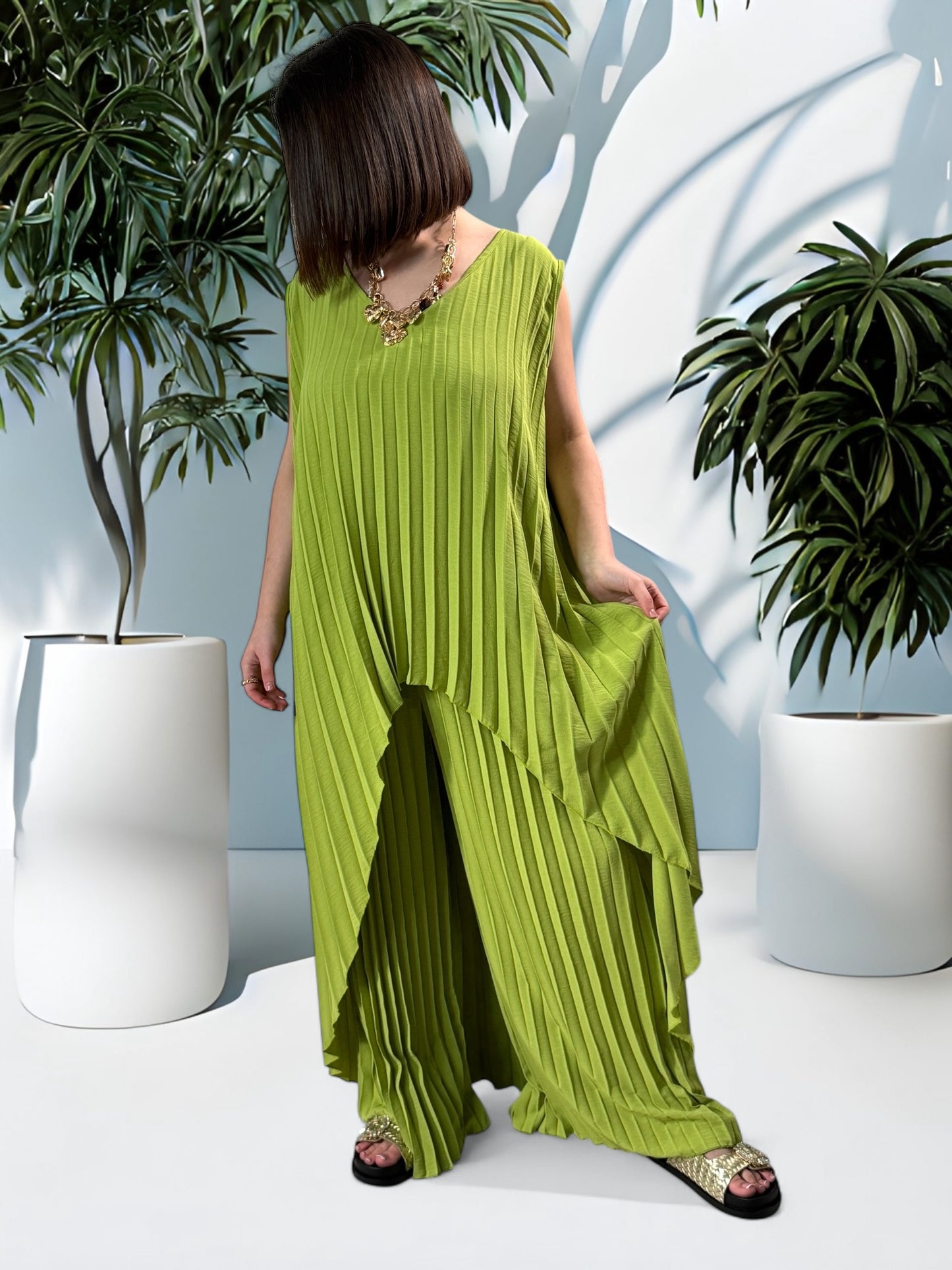 COCKTAIL - ENSEMBLE VERT TUNIQUE ET PANTALON  OVERSIZE JUSQU'A LA TAILLE 56