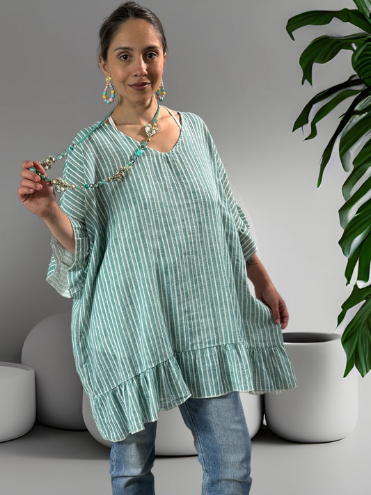 NELLY - TUNIQUE EN COTON A RAYURE LAGON JUSQU'A LA TAILLE 52/54